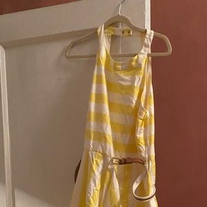 NWOT Eliza J yellow and white sleeveless dress with open back/snap closure.